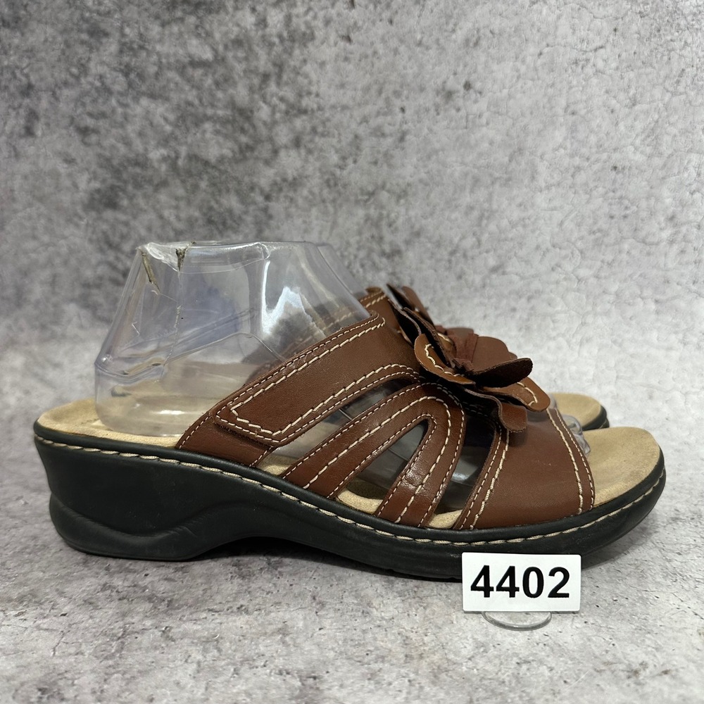 Clarks Lexi Myrtle Sandals Womens 10 Brown Leather Wedge Floral Slide Comfort